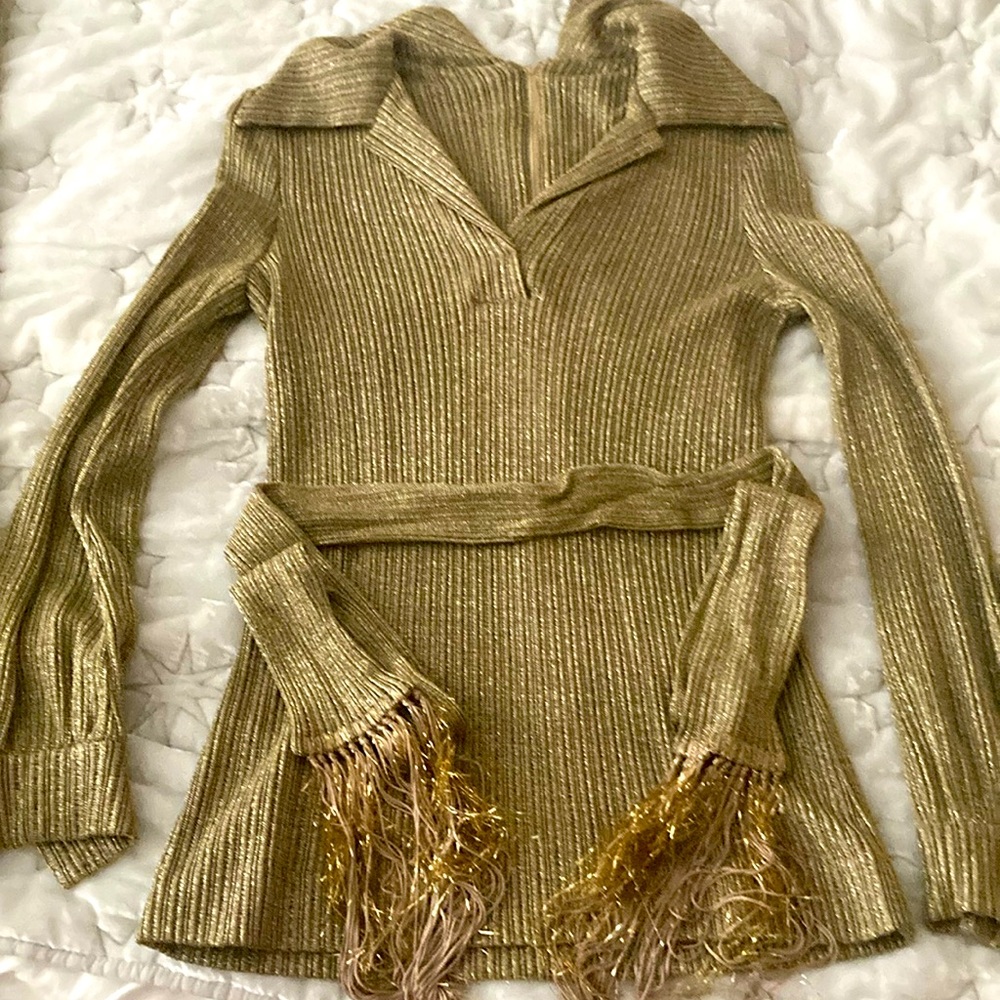 Vintage gold lame holiday pants and matching top and sash with gold fringe.